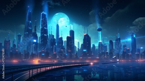 futuristic cyberpunk neon cityscape at night - 3d illustration of a retro future urban scene with vibrant lights - sci-fi background wallpaper