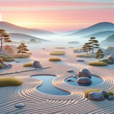 Zen-inspired landscape with soft pastel sunrise colors. 