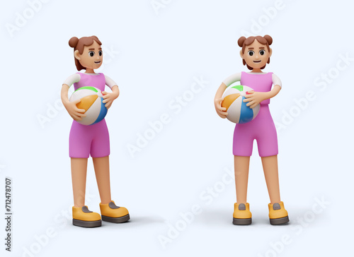 Girl in pink tracksuit is holding beach ball. Vector female character, view from different sides. Isolated person, template for summer game concepts. Beach volleyball