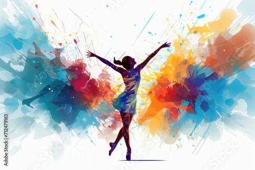 Watercolor abstract illustration of Gymnastics. Beautiful girl dancing in colorful Paint Splash style. Woman athlete watercolour painted image. Sport Background with brush strokes and paint splatters photo
