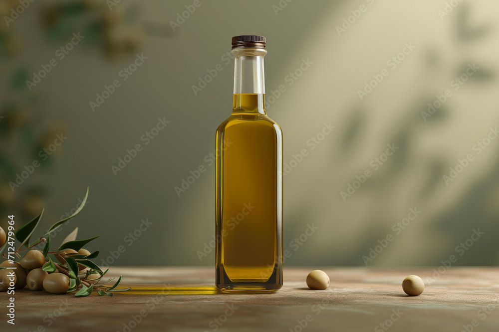 A bottle of premium olive oil is on the table A bottle of premium olive oil is on the table
