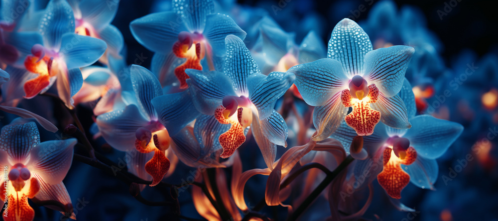 glowing blue orchids on a dark background - obrazy, fototapety, plakaty 