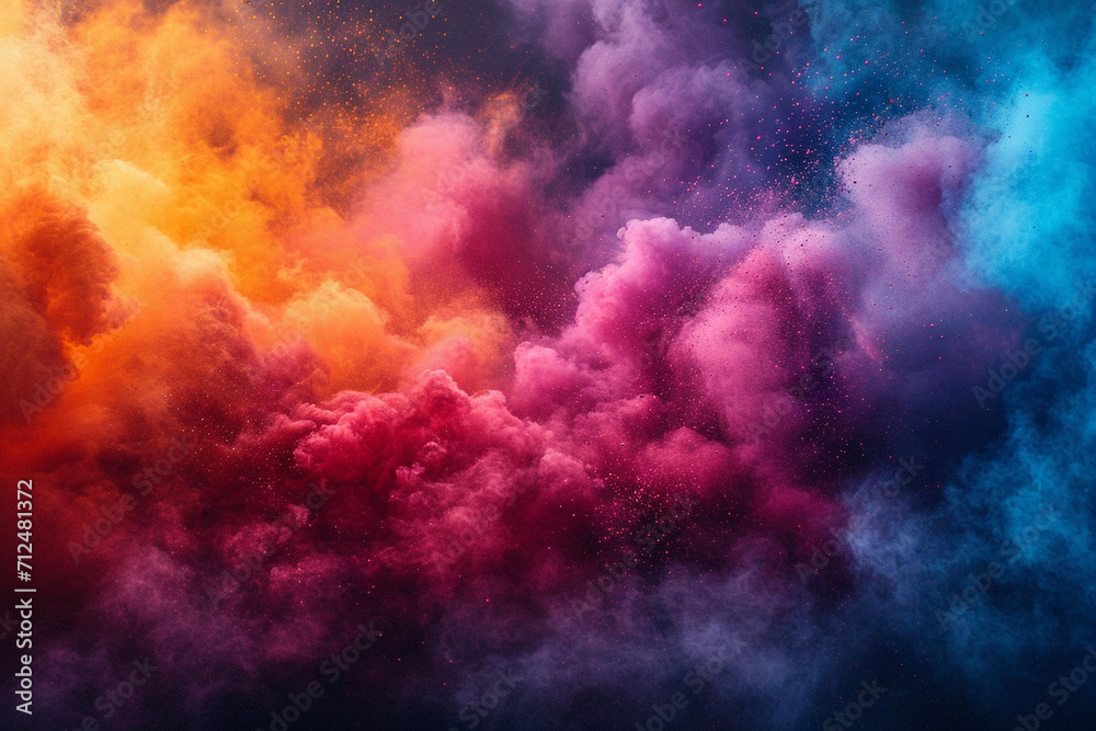 Clouds of bright, multicolored powder floating in the air, forming an abstract and colorful haze for the Holi, festival