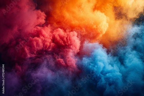 Clouds of bright, multicolored powder floating in the air, forming an abstract and colorful haze for the Holi, festival photo