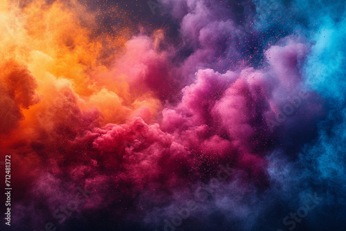 Clouds of bright, multicolored powder floating in the air, forming an abstract and colorful haze for the Holi, festival