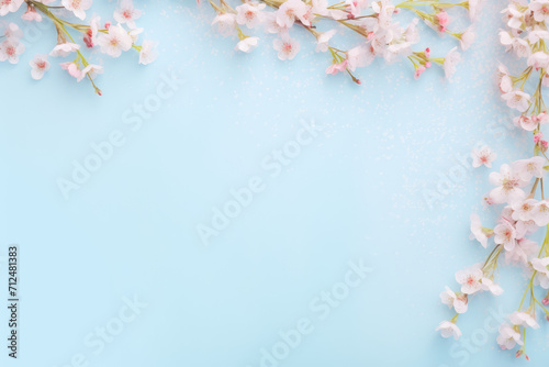 Romantic floral frame with tiny delicate pink waxflowers sprinkled over a pale pastel blue background.