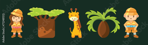 Safari Trip with Kid Explorer  Palm  Baobab and Giraffe Vector Set