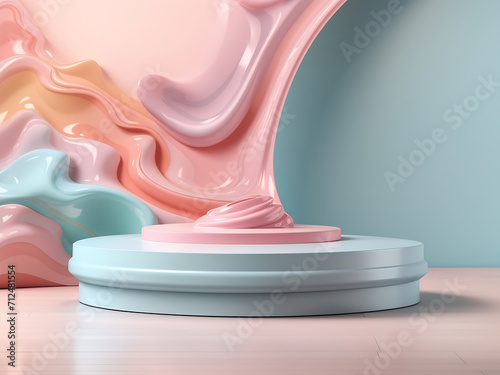 3D rendering. Pastel liquid swirl podium platform design. With copy text space. Mock-up template for product presentation