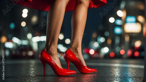 Female legs in beautiful red patent leather stilettos at night elegance photo