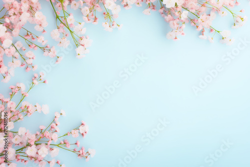 Romantic floral frame with tiny delicate pink waxflowers sprinkled over a pale pastel blue background.