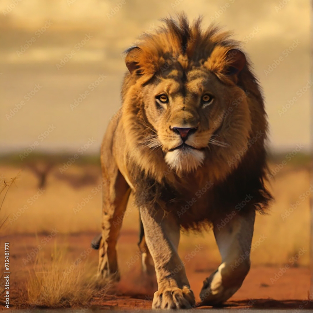 Obraz premium A angry lion across in field