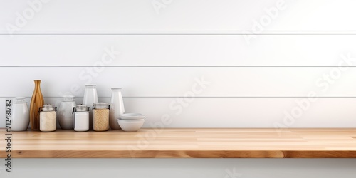 Kitchen background with wood table  white wall  product display desk with empty wood tabletop  counter  shelf in retail shop for mockup  banner  template.