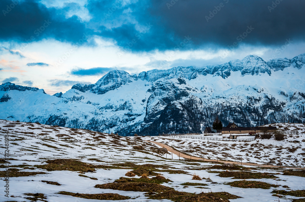 Fototapeta premium Snow on Mount Canin and Montasio. Spring snow