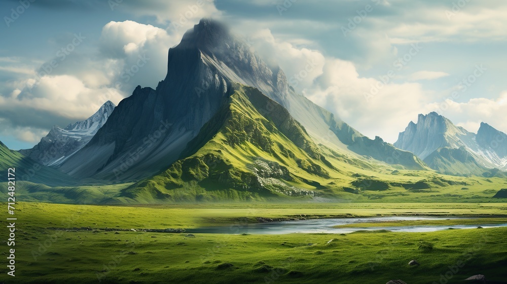 Beautiful mountains and hills with young green grass with cloud on a sunny day. Created with Generative AI