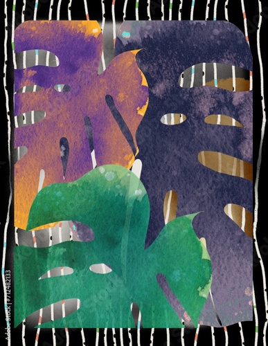 Cohesive and vibrant design depicting a tropical theme with palm leaves and monstera on a contrasting dark backdrop