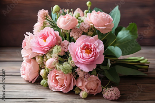 Breathtaking bouquet of fresh flowers elegantly arranged on a rustic wooden table, a vibrant burst of nature's beauty. Perfect for various occasions and concepts.