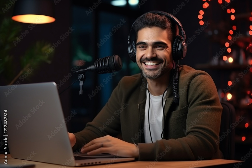 Man podcaster influencer blogger smiling while broadcasting his live audio podcast in studio using headphones, laptop and headphones. Male radio host making podcast or interview Man podcaster influencer blogger smiling while broadcasting his live audio podcast in studio using headphones, laptop and headphones. Male radio host making podcast or interview