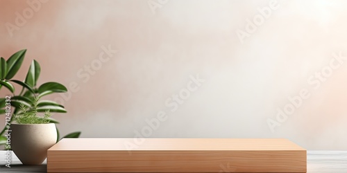 Mockup of empty wooden podium on modern background for displaying designs and products.