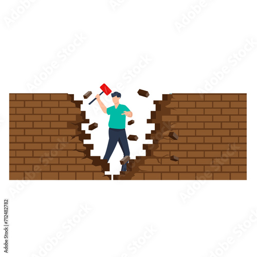 Businessman with hammer. Young guy breaks wall. Creative personality, brainstorming and insight. Business process metaphor. Emotions, expressions and feelings. flat vector illustration