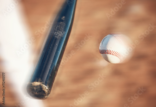 Fotografie Softball, hit and closeup of field for training, sports and fitness, competition or outdoor exercise