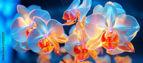 close-up of orchid flowers with neon lighting on a dark background #712483195