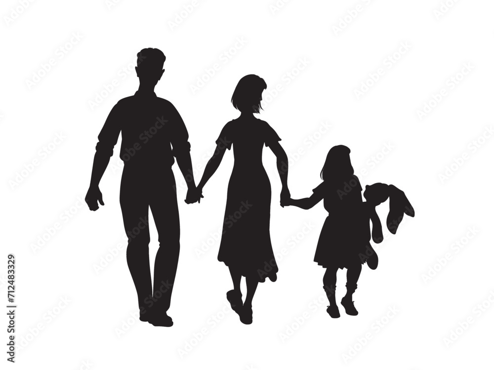 Isolated minimal black family silhouettes. Man, Woman and Children. Collection of family silhouettes on isolated background. Modern small family. Vector illustration