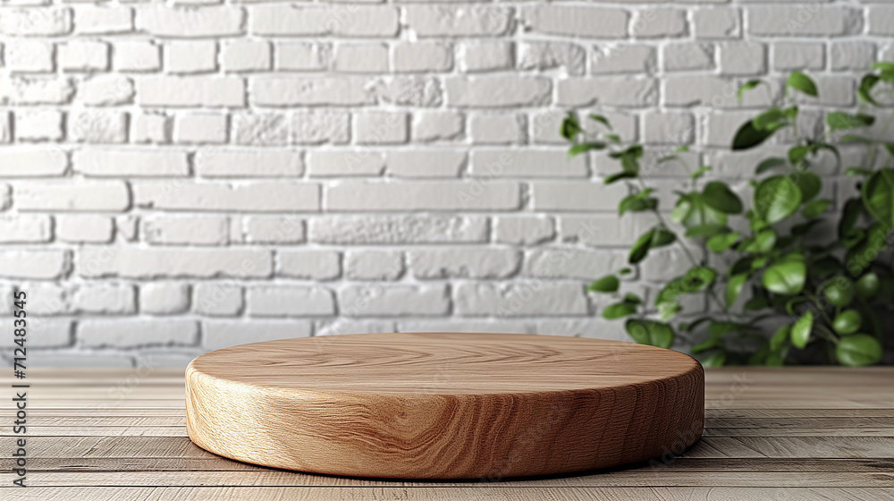 Empty wooden pedestal on kitchen table before white brick wall, 4K, Mock up, podium wooden, 3D background, beige podium display Empty wooden pedestal on kitchen table before white brick wall, 4K, Mock up, podium wooden, 3D background, beige podium display
