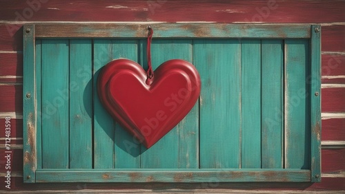 red heart on the window shutter a heart hanging on a wooden wall 