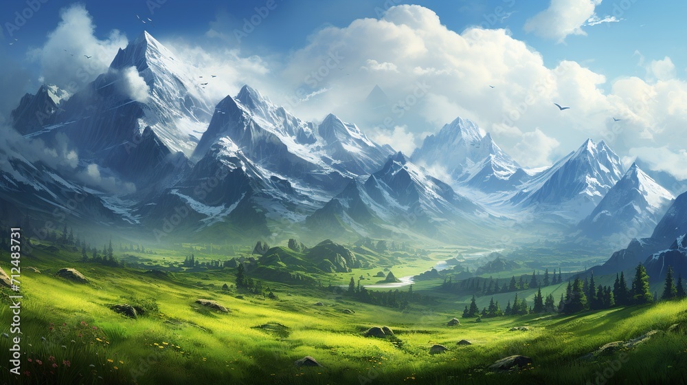 Beautiful mountains and hills with young green grass with cloud on a sunny day. Created with Generative AI
