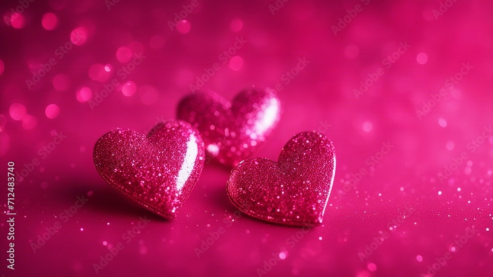 red heart on a pink background   pink glitter background with two hearts on it. The hearts are red and have some glows and flares   