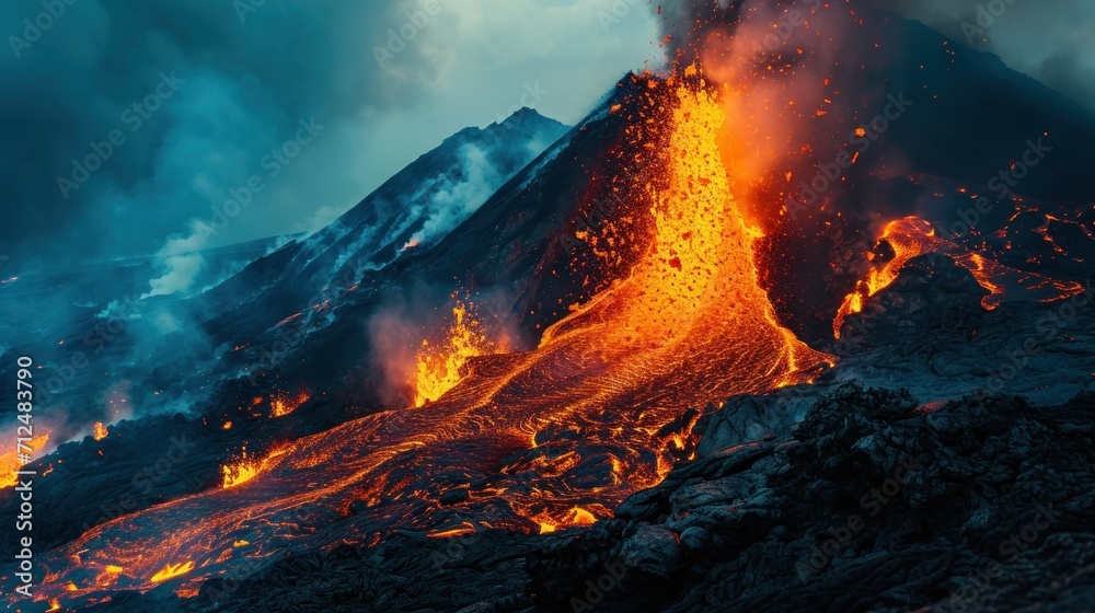 Volcanic eruption with lava flow under dark ash clouds
