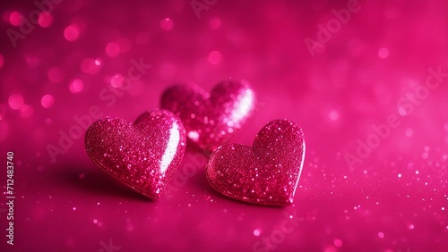 red heart on a pink background pink glitter background with two hearts on it. The hearts are red and have some glows and flares 