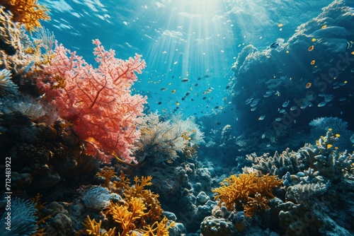 Underwater coral reef teems with marine life  surface view