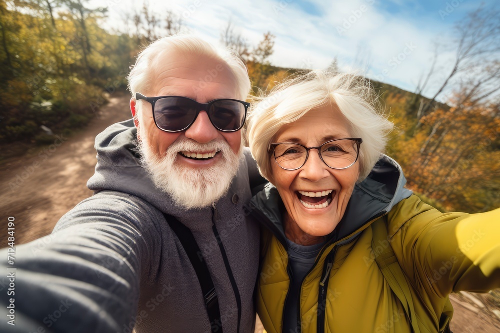 Older Couple Capturing a Woodland Selfie Older Couple Capturing a Woodland Selfie