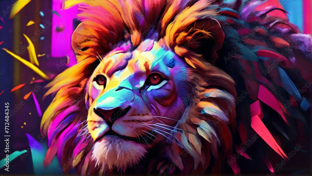 A colorful lion with a neon color background.