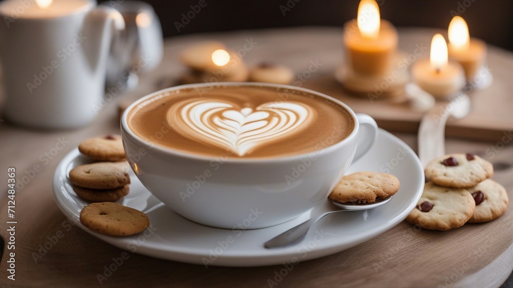 cup of coffee with cinnamon and cookies A heart-shaped latte art on a white coffee cup. The cup is placed on a wood tab with some candles cup of coffee with cinnamon and cookies A heart-shaped latte art on a white coffee cup. The cup is placed on a wood tab with some candles