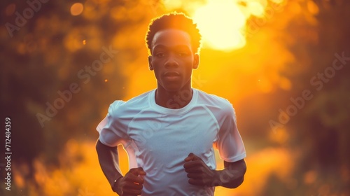 portrait of african person, casual outfit, running in the moning, morning light photo