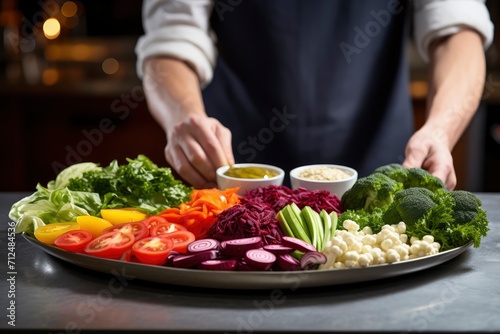Person Preparing Plate of Vegetables on Table