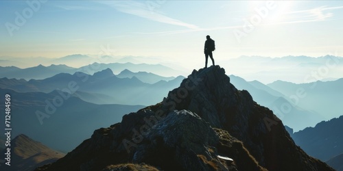 Silhouette of a man on the top of a mountain. sunset sunrise view Fototapet