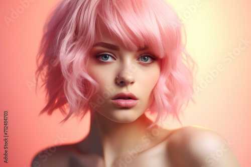 portrait of a caucasian woman with long pink hair looking happily at the camera