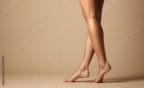 Woman is showing off her legs while sitting down, in the style of close-up, light bronze. the perfect treatment for tanned legs. Brown background. Natural beauty.