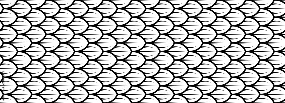 Dragon snake reptile fish mermiad scale seamless pattern tile. Dinosaur skin seamless pattern. Vector black line background.