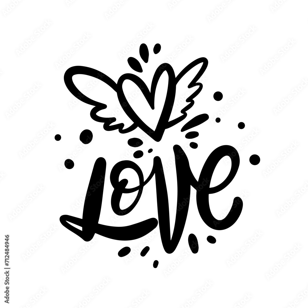 Love text and heart sign with wings. Cartoon style vector illustration. Love text and heart sign with wings. Cartoon style vector illustration.