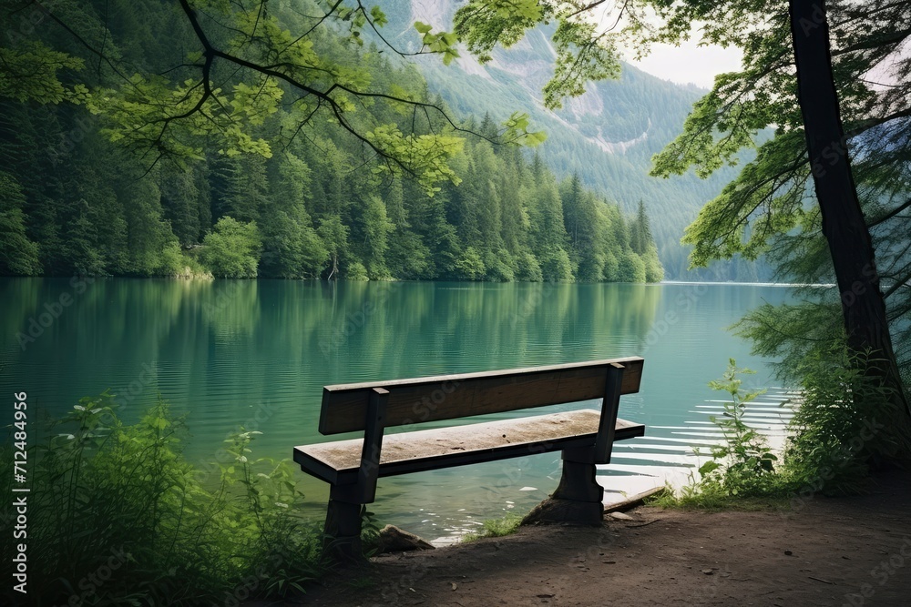 Bench on Shore of Lake, Peaceful Place to Sit and Enjoy the Scenic Beauty Bench on Shore of Lake, Peaceful Place to Sit and Enjoy the Scenic Beauty