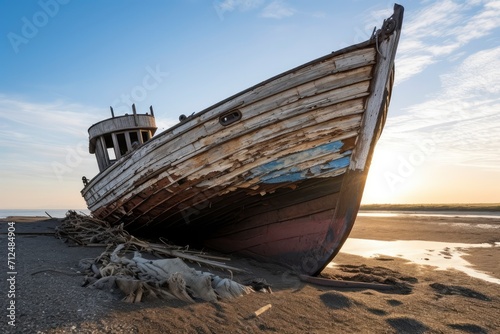 Boat on Sandy Beach at Sunset, Relaxing Coastal Scene, Vacation Getaway