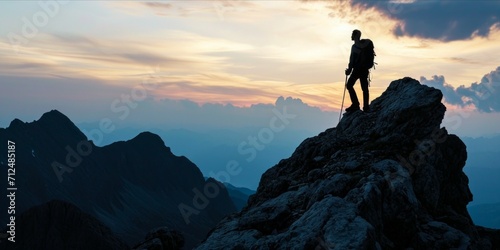 Silhouette of a man on the top of a mountain.Tourist man hiker on top of the mountain. Active life concept, sunset sunrise view © YuDwi Studio