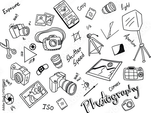 Set of doodle photography icons. hand drawn line art sign and symbol illustrations of photographers equipment and tools photo