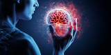 Human head, hands touching brain. Brain activity, injury, pain, headache, illness or sickness, meditation, thinking conceptual