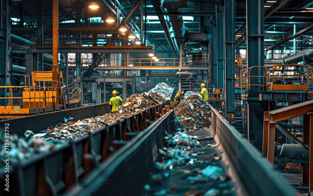 A large-scale food waste composting operation, featuring conveyor belts, and compost piles overseeing the recycling process