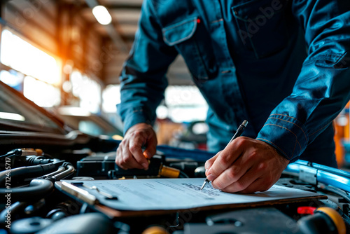 A mechanic in a denim jacket meticulously records notes on a clipboard over a car engine in an automotive workshop.